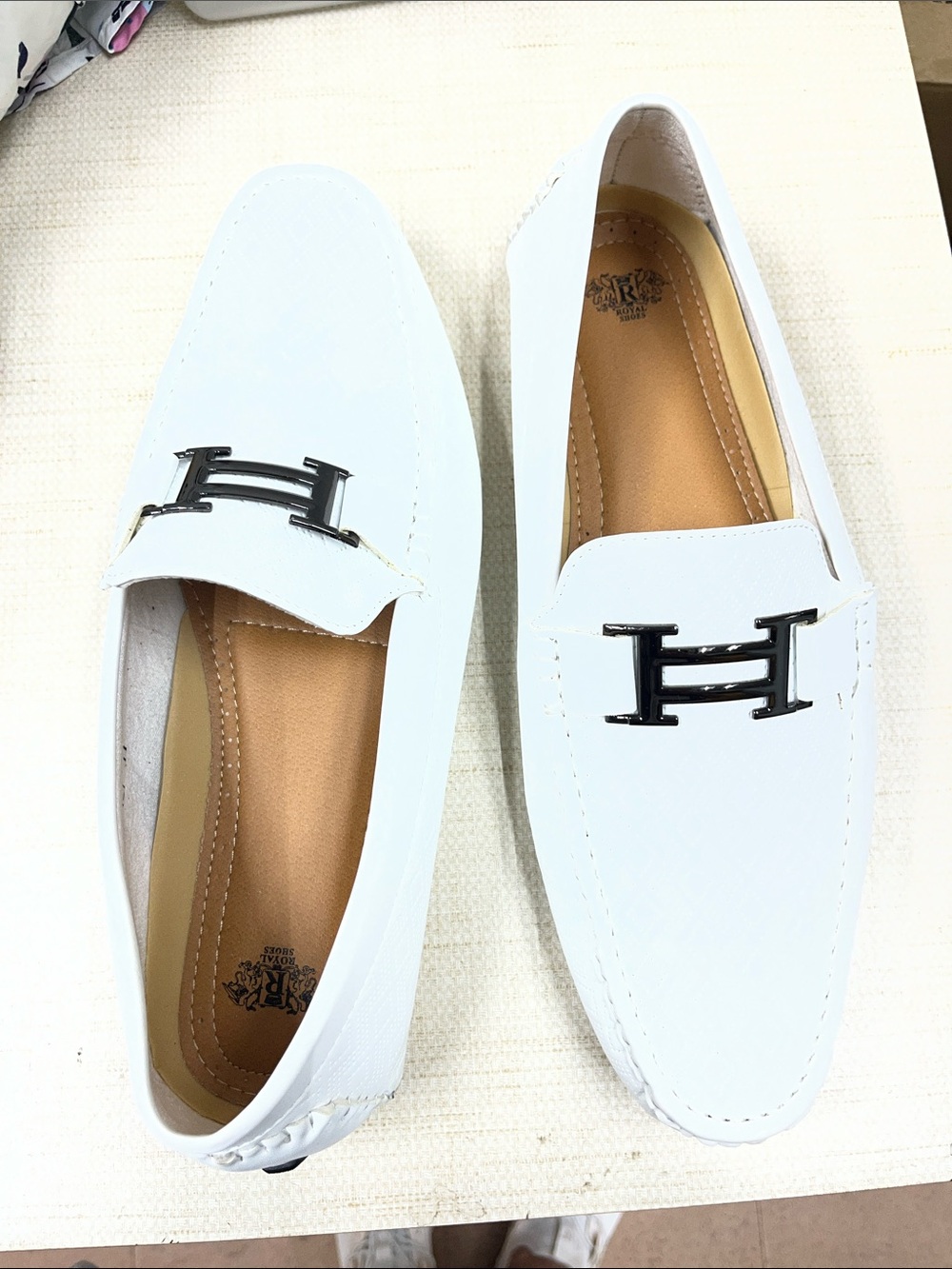 White Leather Slip-On Loafers with Silver H Accent